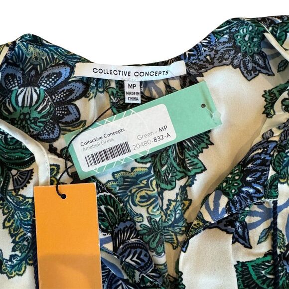 Collective Concepts Green Floral Print Sleeveless Lined Dress Tassel Tie MP NWT - Picture 5 of 7